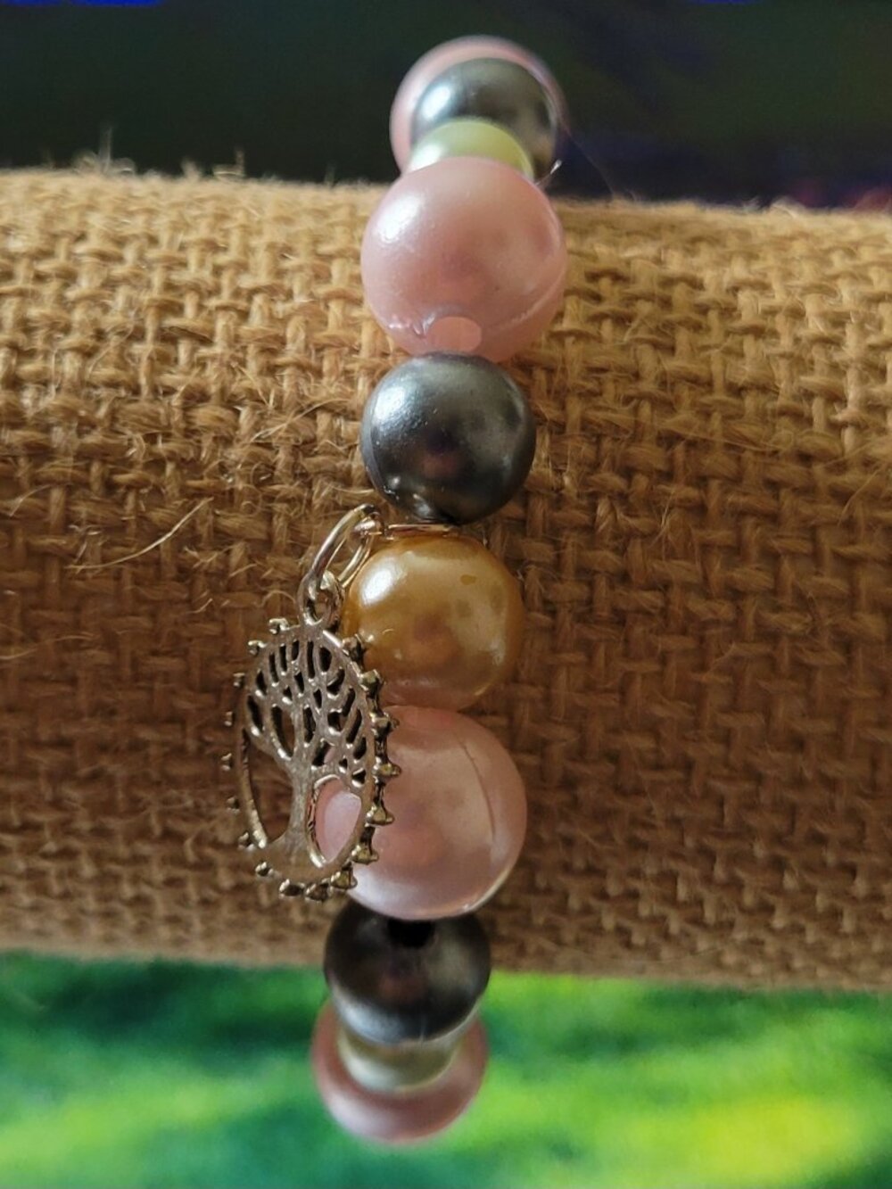 Soft Pink, Grey, Charcoal Colored Beaded Bracelet with Charms